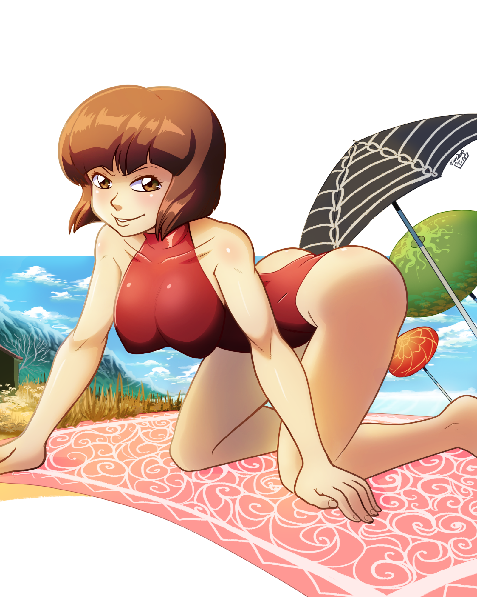 ewder, tendou nabiki, ranma 1/2, commentary, english commentary, highres, 1girl, all fours, artist name, ass, beach, beach towel, beach umbrella, blue sky, blunt bangs, blunt ends, blush, bob cut, border, breasts, brown eyes, brown hair, building, cloud, collarbone, covered collarbone, dated, eyelashes, furrowed brow, grass, halterneck, highleg, highleg one-piece swimsuit, inverted bob, large breasts, letterboxed, light blush, looking at viewer, mountain, nose, ocean, one-piece swimsuit, outside border, parted lips, red one-piece swimsuit, sand, shiny skin, short hair, sky, smile, solo, swimsuit, towel, umbrella, v-shaped eyebrows, water, white border