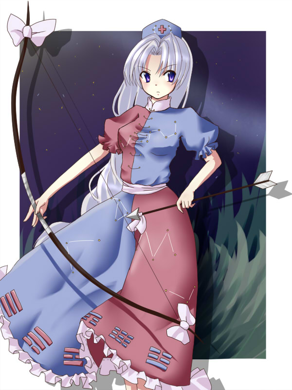 norun, yagokoro eirin, touhou, silver hair, 1girl, bow (weapon), female focus, purple eyes, solo, star (sky), trigram, weapon