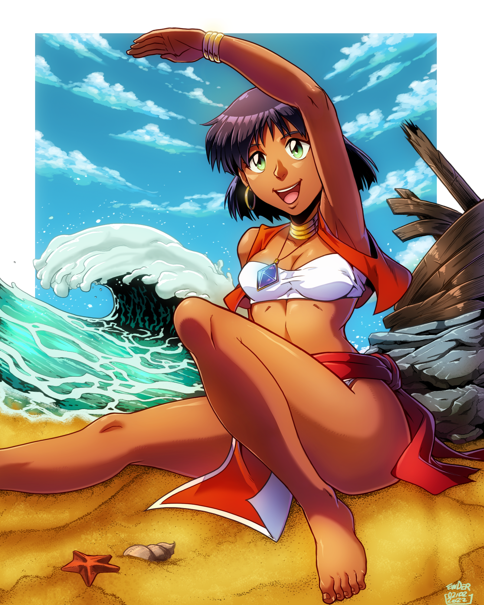 ewder, nadia la arwall, fushigi no umi no nadia, commentary, english commentary, highres, 1girl, :d, arm up, armpits, artist name, ass, bandeau, bare shoulders, barefoot, beach, belt, blue gemstone, boat, bob cut, border, boulder, bracelet, breasts, broken, cleavage, conch, cropped vest, dark-skinned female, dark skin, dated, earrings, gem, gold bracelet, gold earrings, green eyes, hoop earrings, jewelry, knee up, leaning back, midriff, neck ring, nose, ocean, on ground, open clothes, open mouth, open vest, outside border, pelvic curtain, purple hair, red belt, red sash, red skirt, red vest, rock, sand, sash, seashell, shading eyes, shell, shiny skin, shipwreck, short hair, signature, sitting, skirt, sleeveless, smile, solo, starfish, strapless, teeth, toes, tube top, two-sided fabric, upper teeth only, vest, water, watercraft, waves, white bandeau, white border, white trim