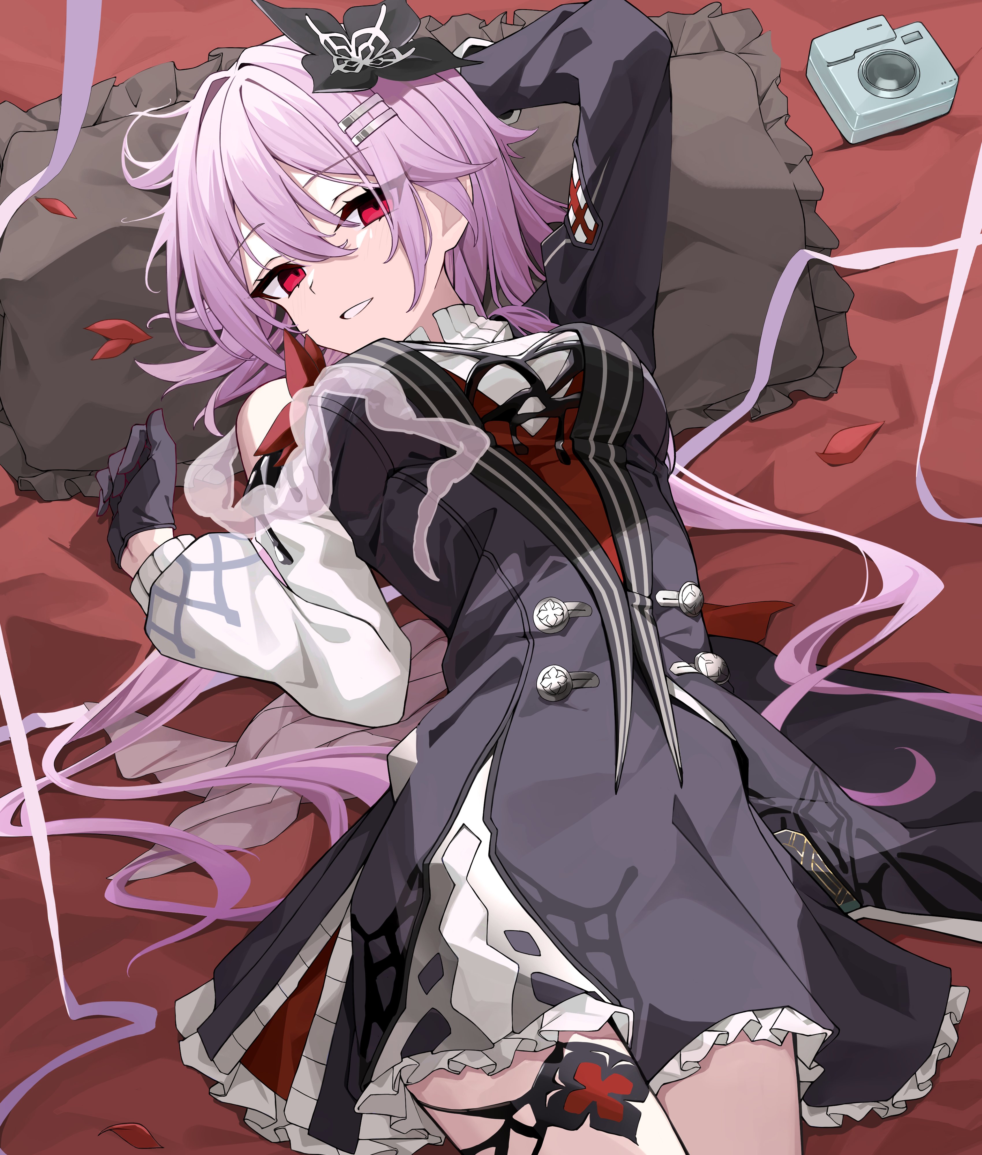 nama tt1786, evernight (honkai: star rail), march 7th (honkai: star rail), honkai: star rail, honkai (series), absurdres, hashtag-only commentary, highres, 1girl, black gloves, breasts, camera, cowboy shot, dress, flower, frilled dress, frills, gloves, hair flower, hair ornament, hairclip, layered dress, long hair, lying, medium breasts, on bed, parallel hairclips, petals, pillow, pink hair, red eyes, single bare shoulder, smile, thigh strap, very long hair