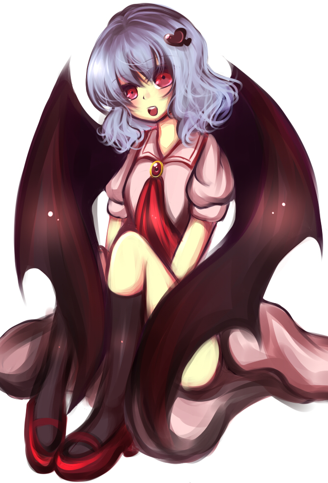 uranaishi (miraura), remilia scarlet, touhou, bad id, bad pixiv id, 1girl, blue hair, female focus, red eyes, socks, solo, wings
