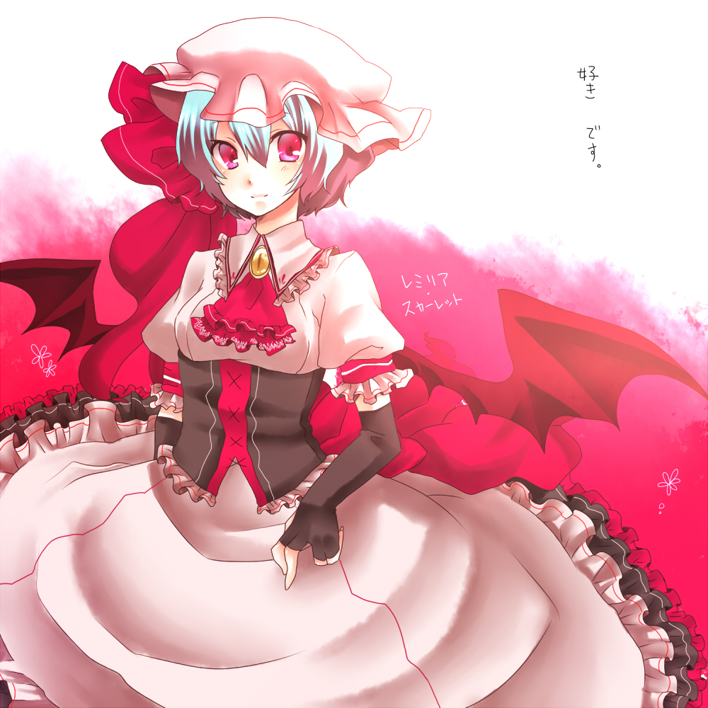 yutazou, remilia scarlet, touhou, bad id, bad pixiv id, 1girl, alternate costume, bat wings, blue hair, corset, elbow gloves, female focus, fingerless gloves, gloves, hat, light smile, red eyes, solo, staring, wings