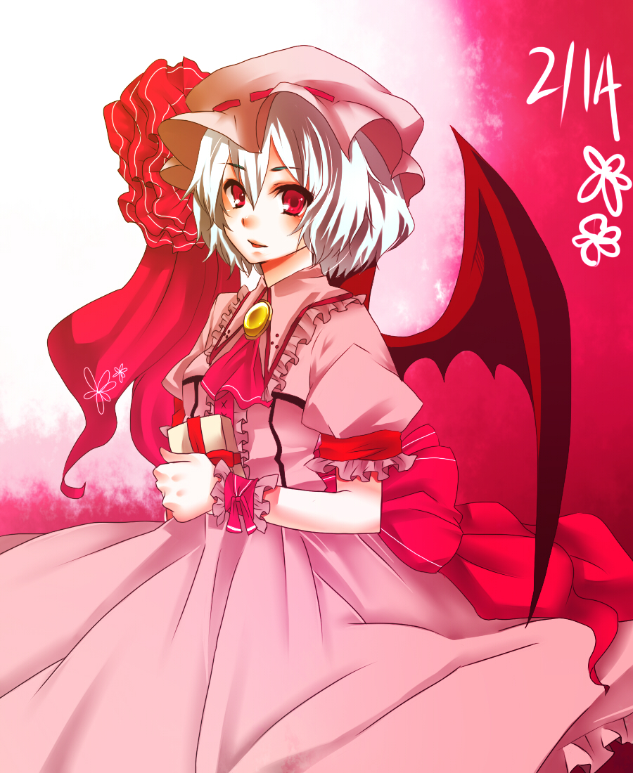 yutazou, remilia scarlet, touhou, bad id, bad pixiv id, 1girl, female focus, gradient background, hat, red eyes, solo, white background, wings
