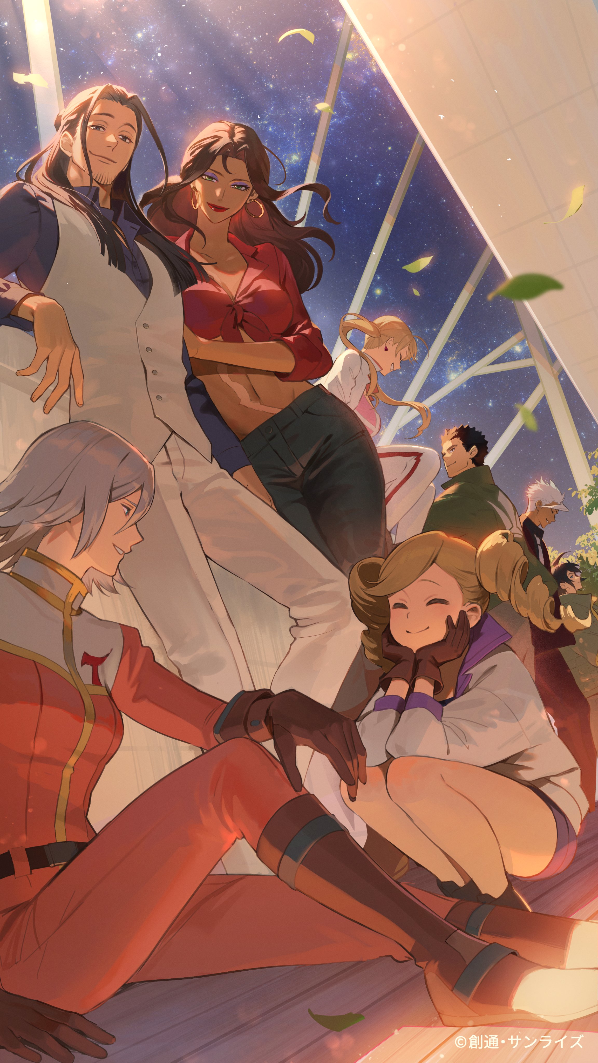 hiyon (hahaha 5945), akihiro altland, amida arca, azee gurumin, echo turbine, lafter frankland, mikazuki augus, naze turbine, orga itsuka, gundam, gundam tekketsu no orphans, sunrise (company), absurdres, commentary request, highres, official art, second-party source, 4boys, 4girls, black hair, black pants, black shirt, blonde hair, blue eyes, blue shirt, bodysuit, breasts, brown gloves, brown hair, closed mouth, collared shirt, copyright notice, dark-skinned female, dark-skinned male, dark skin, denim, dress pants, dress shirt, drill hair, earrings, eyeshadow, facing another, falling leaves, formal clothes, gloves, green eyeshadow, green jacket, grey hair, grin, hands on own cheeks, hands on own face, hoop earrings, indoors, jacket, jeans, jewelry, large breasts, leaf, lipstick, long sleeves, looking at another, looking at viewer, makeup, mecha pilot suit, medium breasts, multiple boys, multiple girls, necktie, pants, red bodysuit, red lips, red shirt, scar, scar on stomach, shirt, short hair, sitting, smile, spacesuit, spiked hair, squatting, standing, star (sky), twin drills, vest, white jacket, white necktie, white pants, white vest