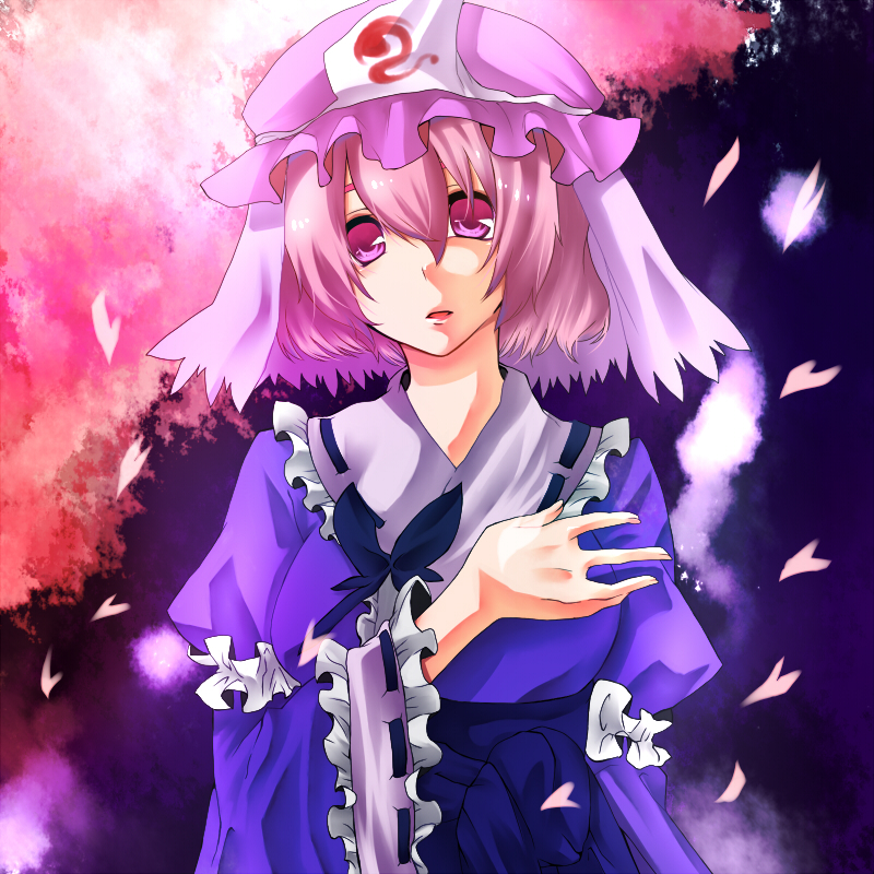 yutazou, saigyouji yuyuko, touhou, bad id, bad pixiv id, 1girl, dress, female focus, gradient background, hat, japanese clothes, petals, pink eyes, pink hair, short hair, solo, upper body