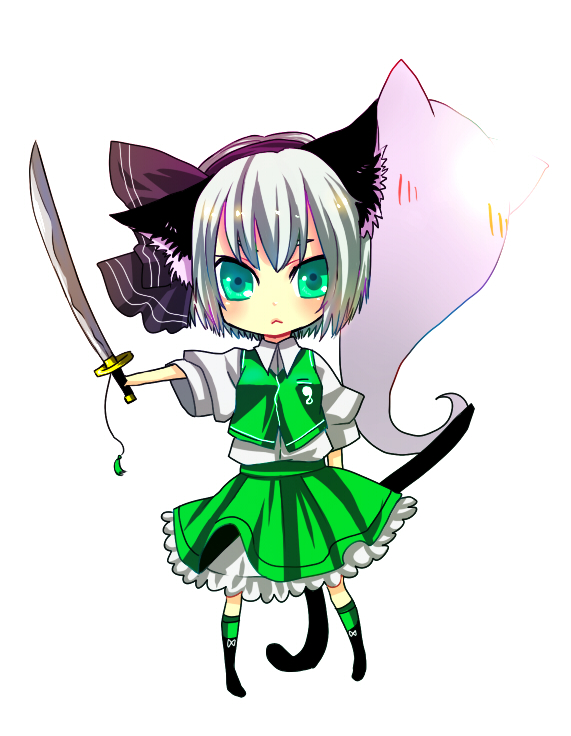 yutazou, konpaku youmu, konpaku youmu (ghost), touhou, silver hair, bad id, bad pixiv id, 1girl, animal ears, chibi, female focus, green eyes, hitodama, katana, solo, sword, weapon