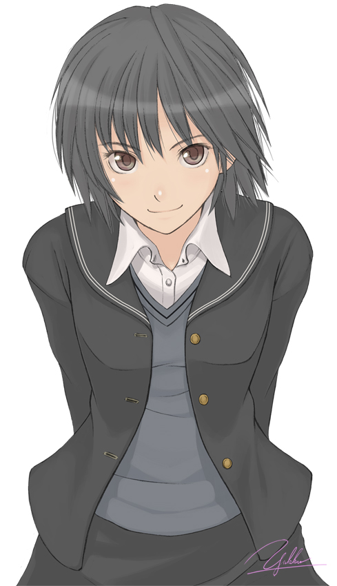 yukihiro, nanasaki ai, amagami, 1girl, black hair, brown eyes, female focus, school uniform, serafuku, short hair, signature, smile, solo