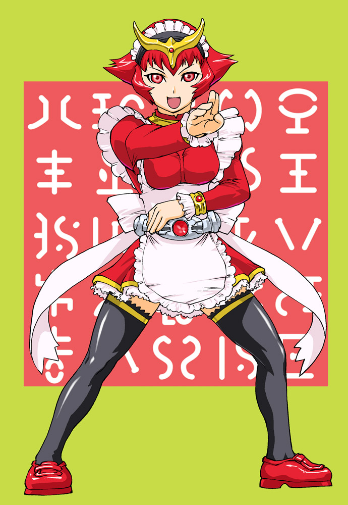 ueyama michirou, kamen rider kuuga, rider-tan, kamen rider, kamen rider kuuga (series), 1girl, apron, belt, female focus, full body, hairband, maid, maid apron, red eyes, red hair, short hair, solo, standing, thighhighs