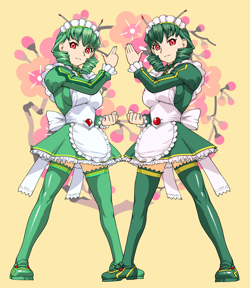 ueyama michirou, kamen rider j, kamen rider zo, rider-tan, kamen rider, kamen rider zo (movie), 2girls, apron, full body, green hair, hairband, looking at viewer, maid, maid apron, multiple girls, red eyes, standing, thighhighs