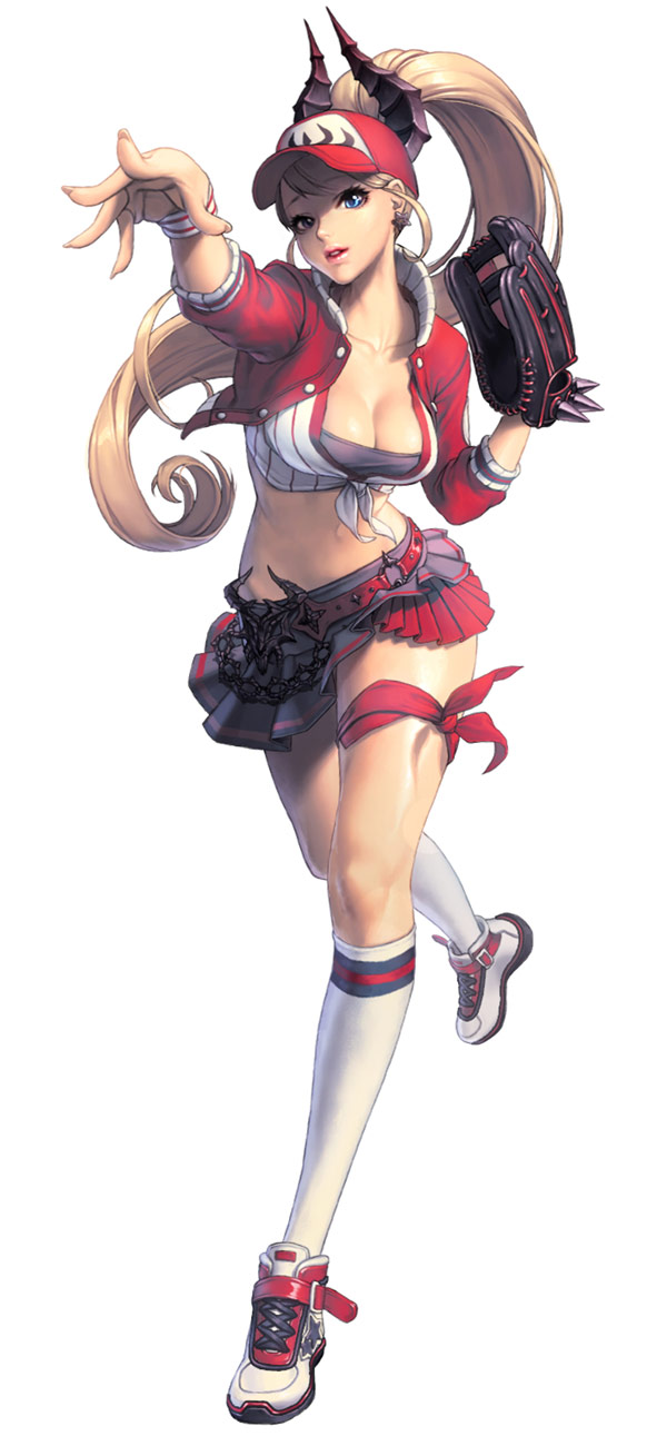chaos online, character request, highres, tagme, 1girl, baseball cap, baseball glove, blonde hair, breasts, cleavage, hat, large breasts, looking at viewer, ponytail, skirt, smile