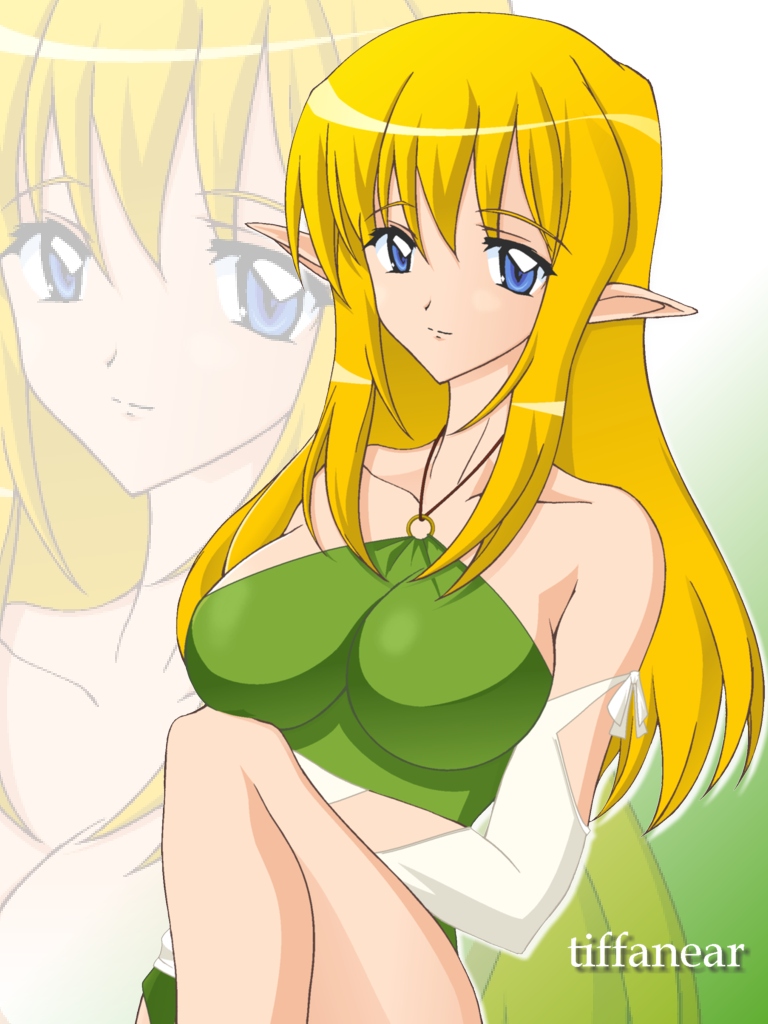 eagle41, tiffania westwood, zero no tsukaima, 00s, 1girl, bare shoulders, blonde hair, blue eyes, detached sleeves, dress, elf, female focus, halterneck, long hair, pointy ears, solo, zoom layer