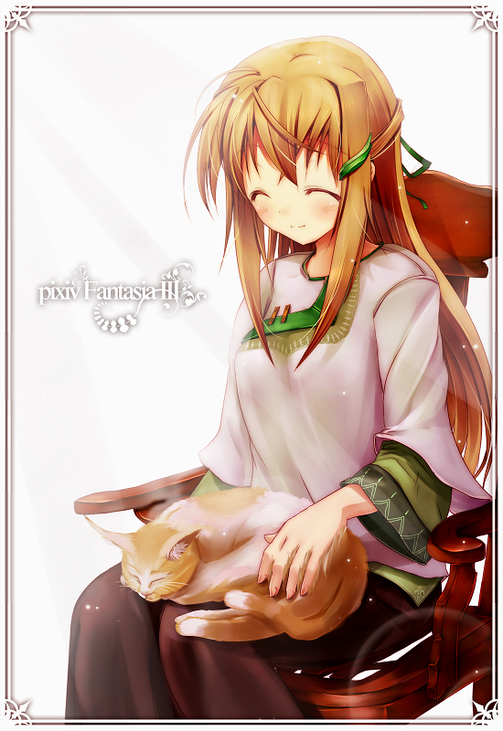 scarlet (studioscr), pixiv fantasia, pixiv fantasia 3, bad id, bad pixiv id, blonde hair, cat, chair, hair ornament, hairclip, long hair, on chair, ribbon, skirt, smile, solo