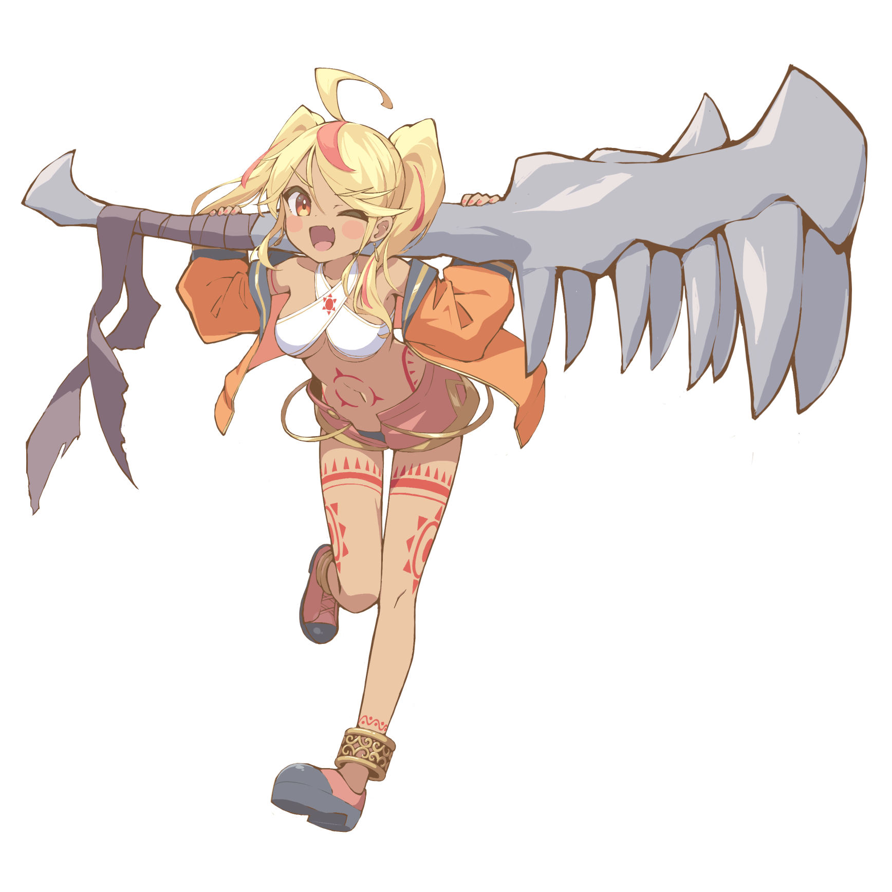 hiyaya (kochi michikaze), original, commentary request, highres, 1girl, ;d, ahoge, anklet, black panties, blonde hair, blush stickers, breasts, dark-skinned female, dark skin, fang, full body, holding, holding weapon, jacket, jewelry, long hair, looking at viewer, medium breasts, multicolored hair, navel, one eye closed, open clothes, open jacket, open mouth, orange jacket, panties, red eyes, red hair, red shoes, red shorts, shoes, shorts, simple background, skin fang, smile, solo, standing, standing on one leg, streaked hair, tachi-e, tattoo, transparent background, twintails, underwear, weapon