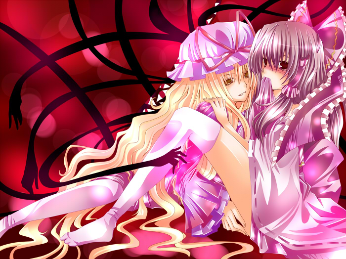 nanase nao, hakurei reimu, yakumo yukari, touhou, bad id, bad pixiv id, 2girls, blonde hair, blush, bow, female focus, gap (touhou), hair bow, hat, long hair, mouth hold, multiple girls, short hair, thighhighs, yellow eyes