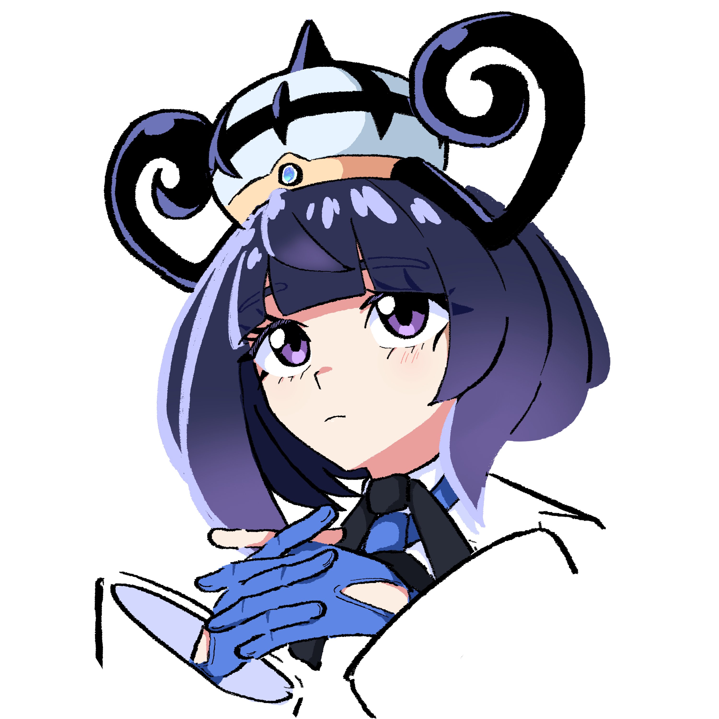 marker (artzalea ), gwynn (pokemon), nintendo, pokemon, pokemon legends: z-a, absurdres, commentary, english commentary, highres, 1girl, black hair, blue gloves, blunt bangs, closed mouth, eyelashes, gloves, gradient hair, hat, interlocked fingers, light frown, long sleeves, looking at viewer, multicolored hair, own hands together, purple eyes, purple hair, short hair, solo, upper body