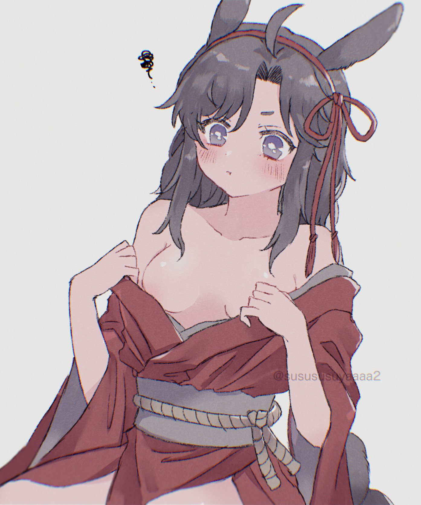 wei wuxian, modao zushi, highres, 1girl, ahoge, alternate costume, alternate hairstyle, animal ears, bare shoulders, black hair, blush, breasts, chinese clothes, cleavage, closed mouth, collarbone, genderswap, genderswap (mtf), grey background, grey eyes, grey sash, hair down, hair ribbon, hairband, hands up, hanfu, japanese clothes, kemonomimi mode, kimono, kimono pull, long hair, long sleeves, looking at viewer, medium breasts, nipple slip, nipples, no bra, off shoulder, open clothes, open robe, parted bangs, pout, purple eyes, rabbit ears, rabbit girl, rabbit tail, red hairband, red hanfu, red ribbon, ribbon, robe, sash, sidelocks, simple background, sitting, solo, squiggle, tail, twitter username, undressing, wide sleeves, yaichi00