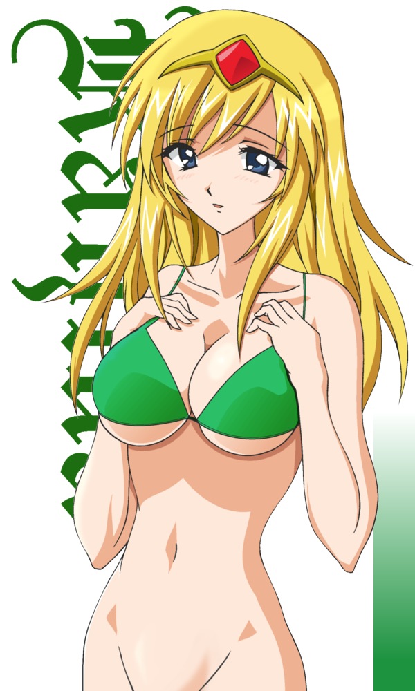 eagle41, kahlua marjoram, galaxy angel, galaxy angel rune, 00s, 1girl, bikini, bikini top only, blonde hair, blue eyes, blush, bottomless, breast suppress, breasts, circlet, female focus, green bikini, groin, long hair, solo, swimsuit