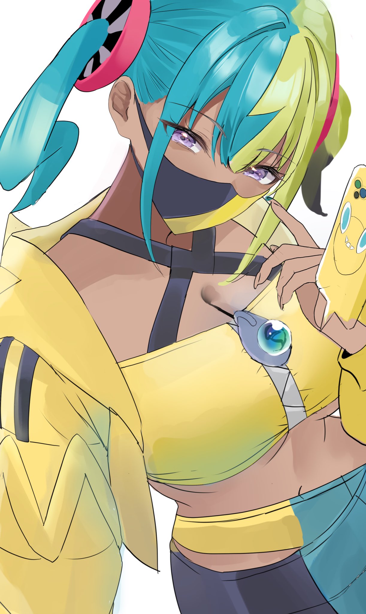 nakano kura, canari (pokemon), rotom, rotom phone, nintendo, pokemon, pokemon legends: z-a, highres, 1girl, aqua hair, bandeau, black mask, blonde hair, breasts, center-flap bangs, cleavage, criss-cross halter, crop top, gen 4 pokemon, halterneck, jacket, large breasts, looking at viewer, mask, mega stone, midriff, mouth mask, multicolored hair, navel, purple eyes, short twintails, simple background, split-color hair, twintails, two-tone hair, two-tone mask, white background, yellow bandeau, yellow jacket, yellow mask