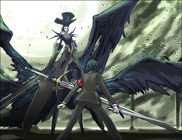 nyx avatar, yuuki makoto (persona 3), atlus, persona, persona 3, 1boy, 1girl, armband, battle, epic, full moon, male focus, moon, school uniform, sword, weapon