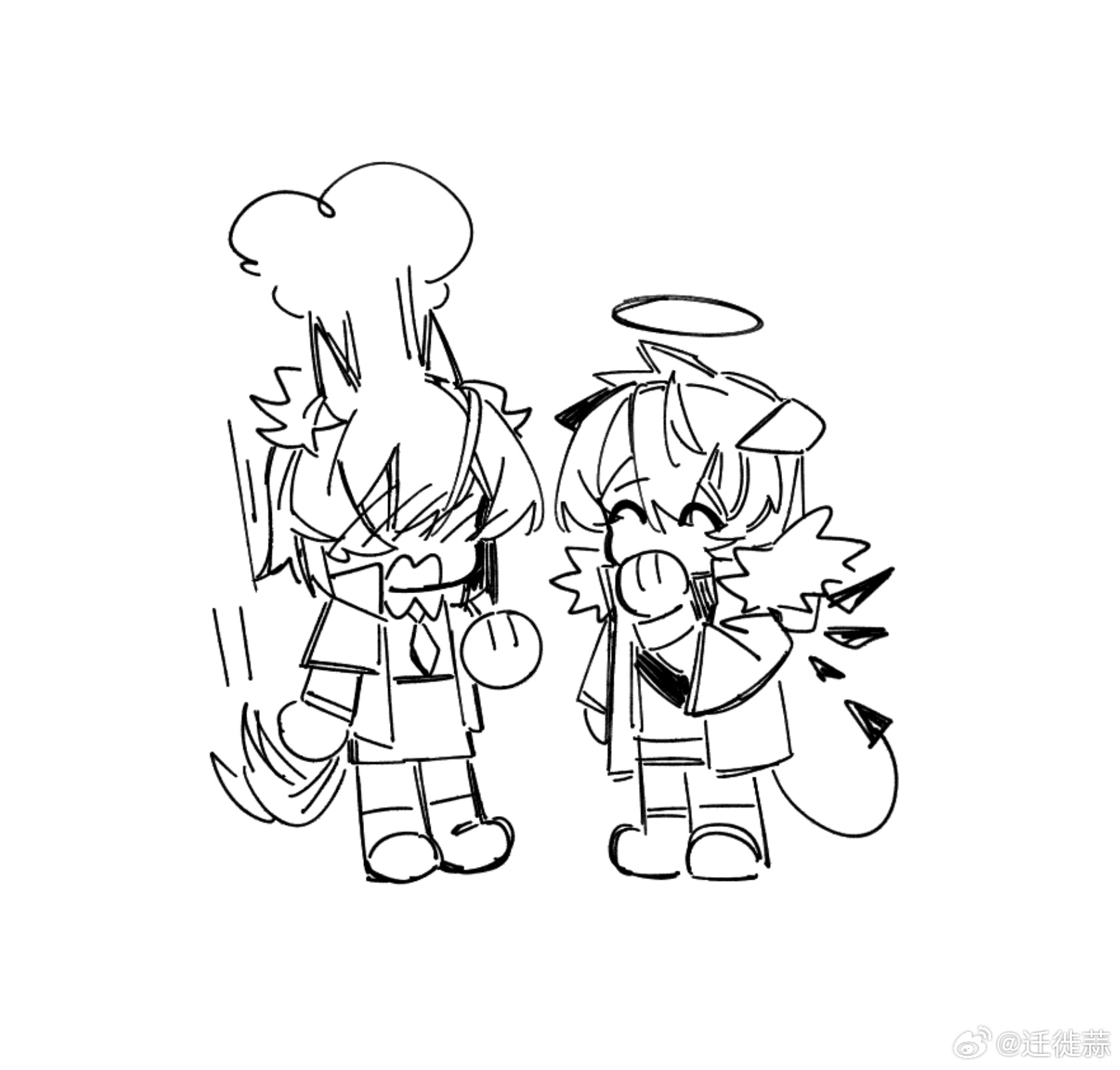 qianxidasuan (suan wu cao), fiammetta (arknights), mostima (arknights), arknights, chinese commentary, commentary request, highres, 2girls, ^ ^, blush, chibi, closed eyes, embarrassed, fur trim, greyscale, halo, horns, jacket, long sleeves, monochrome, multiple girls, necktie, simple background, tail, white background, wings