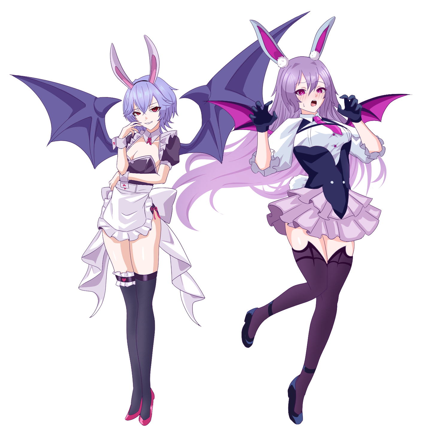 merihari07, reisen udongein inaba, remilia scarlet, touhou, touhou gensou eclipse, commentary request, highres, 2girls, alternate costume, animal ear hairband, animal ears, apron, back bow, bat wings, black gloves, black leotard, black shoes, black thighhighs, blue hair, blush, bow, breasts, claw pose, cleavage, collared shirt, embarrassed, fake animal ears, frilled thigh strap, full body, gloves, grin, hairband, leg up, leotard, long hair, long sleeves, looking at viewer, multiple girls, necktie, open mouth, pink eyes, pink necktie, pink skirt, purple hair, rabbit ears, rabbit girl, rabbit tail, red eyes, red shoes, shirt, shoes, skirt, smile, strapless, strapless leotard, sweatdrop, tail, thigh strap, thighhighs, very long hair, waist apron, white apron, white background, white bow, white shirt, wings, wrist cuffs