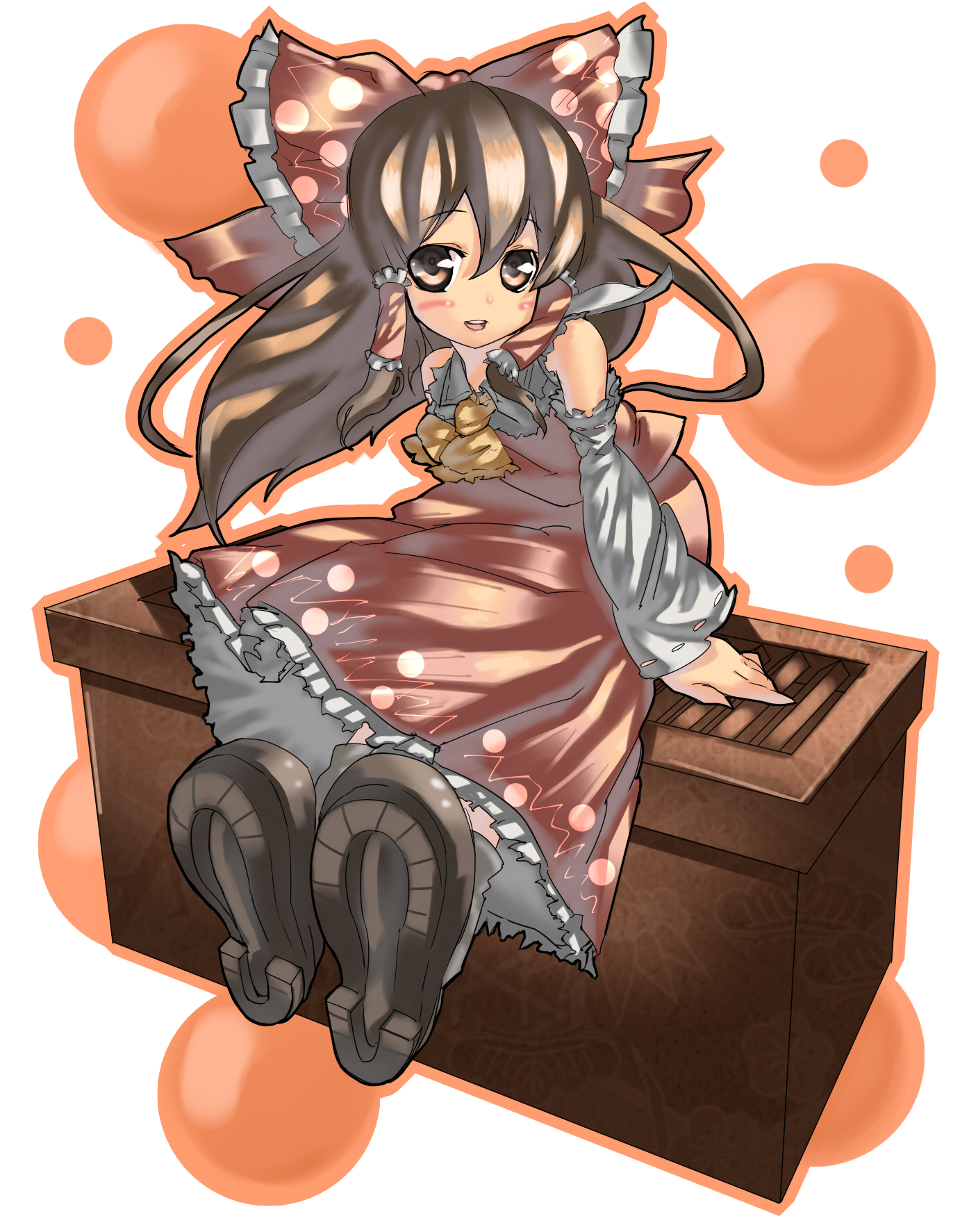 manntake, mantake, hakurei reimu, touhou, highres, 1girl, blush, bow, box, brown eyes, brown hair, detached sleeves, donation box, female focus, hair bow, japanese clothes, long hair, miko, on box, shoes, sitting, sitting on box, skirt, solo