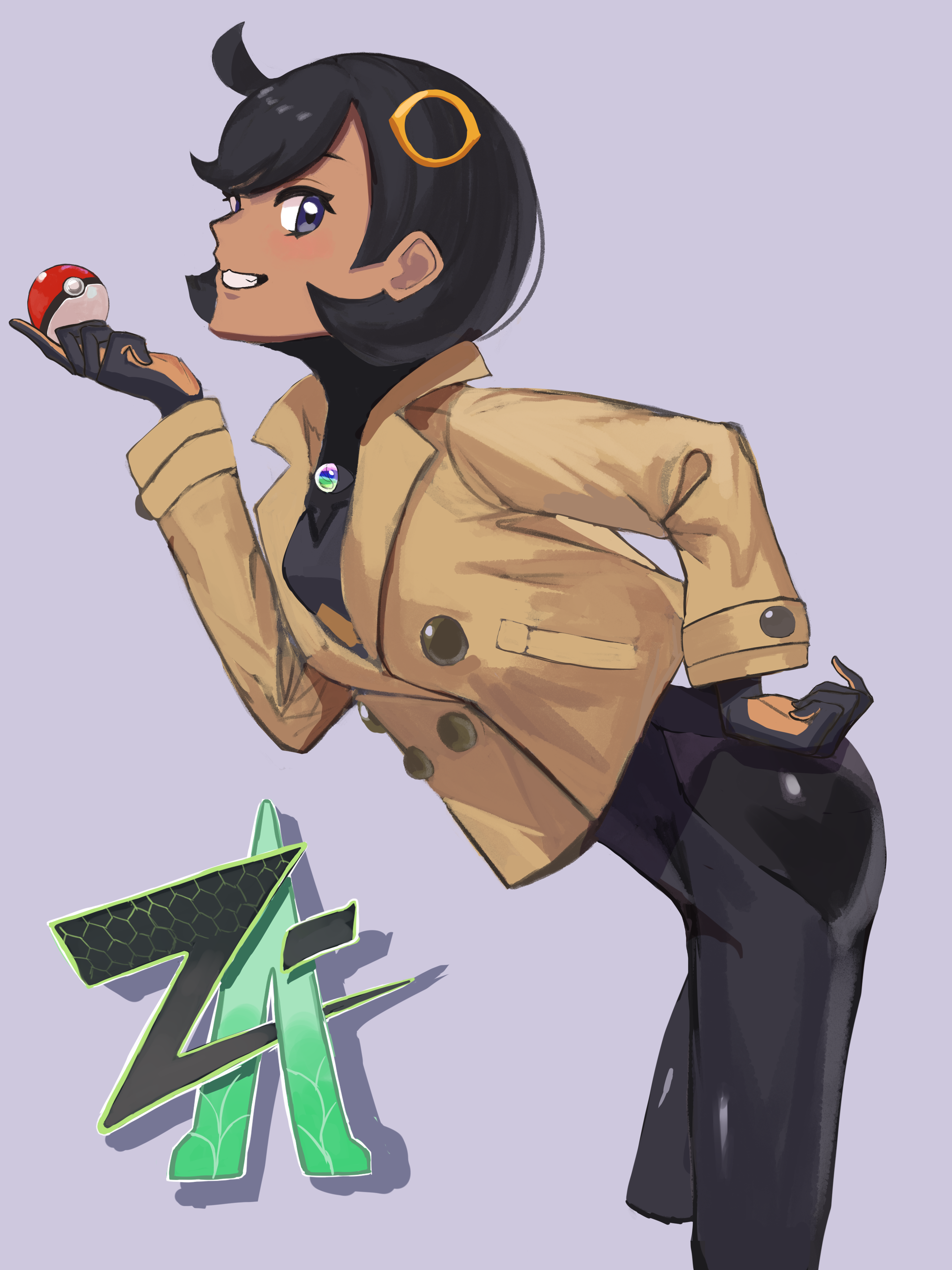 kurokami kinniku matsuri, emma (pokemon), nintendo, pokemon, pokemon legends: z-a, absurdres, commentary request, highres, 1girl, bent over, black bodysuit, black hair, bodysuit, bodysuit under clothes, brown jacket, buttons, from side, gloves, grey background, grey eyes, grin, hair ornament, hand on own hip, hand up, holding, holding poke ball, jacket, long sleeves, looking at viewer, looking to the side, poke ball, poke ball (basic), short hair, smile, solo, teeth