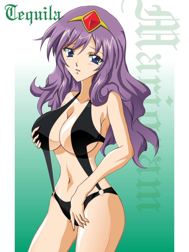 eagle41, tequila marjoram, galaxy angel, galaxy angel rune, 00s, 1girl, blue eyes, blush, breasts, character name, circlet, cleavage, female focus, large breasts, long hair, purple hair, solo, sweatdrop, swimsuit