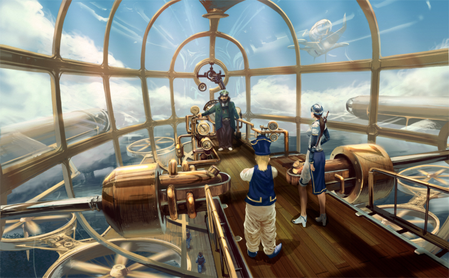 noba, original, 1girl, 2boys, aircraft, captain uniform, cloud, day, dieselpunk, dirigible, multiple boys, propeller, sky