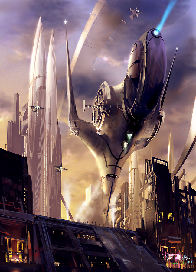 noba, original, mechanical, aircraft, building, cityscape, scenery, science fiction, sky, skyscraper, smoke