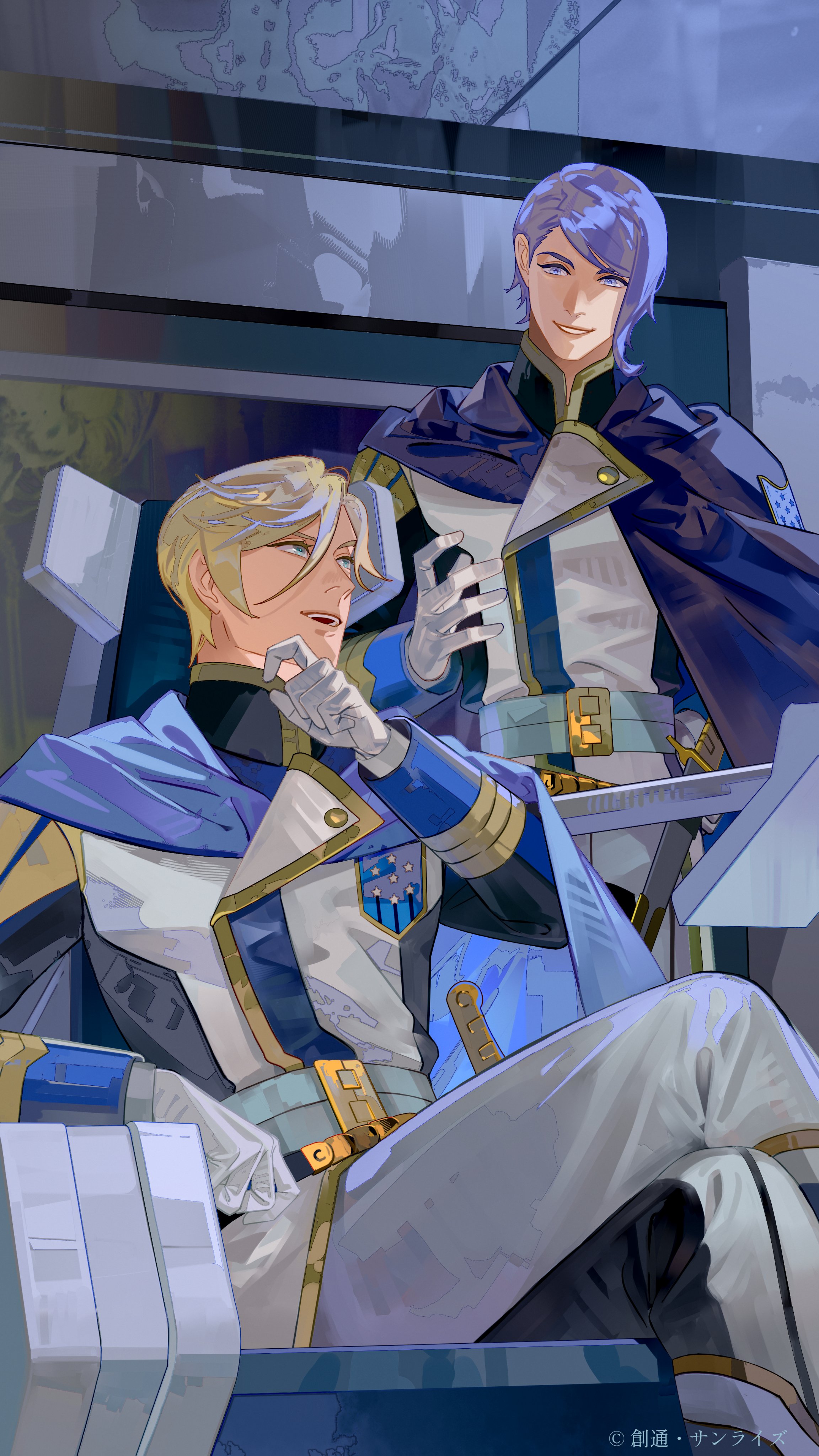 saiga tokihito, gaelio bauduin, mcgillis fareed, gundam, gundam tekketsu no orphans, sunrise (company), absurdres, commentary request, highres, official art, second-party source, 2boys, blonde hair, blue cape, blue eyes, blue pants, cape, crossed legs, feet out of frame, gloves, grin, hair between eyes, jacket, long sleeves, looking at another, male focus, military jacket, military uniform, multiple boys, open mouth, pants, purple eyes, purple hair, short hair, sitting, smile, standing, star (symbol), sword, weapon, white gloves, white pants