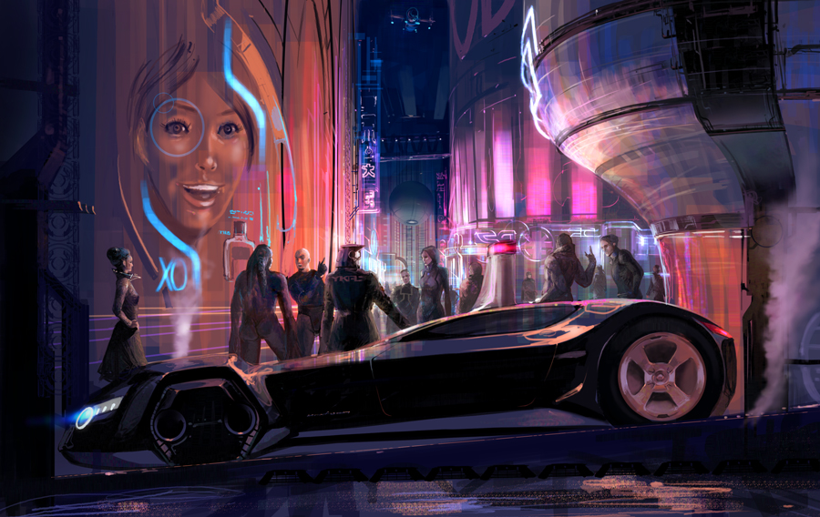 noba, original, 2girls, 6+boys, car, city, crowd, cyberpunk, motor vehicle, multiple boys, multiple girls, neon lights, night, science fiction, vehicle focus