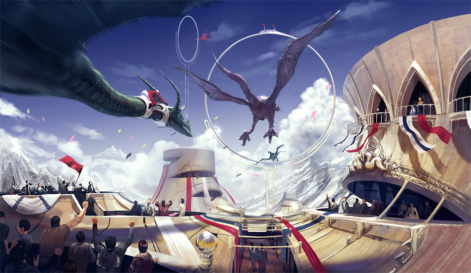noba, original, 6+boys, 6+girls, arm up, arms up, banner, building, crowd, day, dragon, fantasy, flag, flying, mountain, multiple boys, multiple girls, outdoors, racing, riding, scenery, science fiction, sky, snow, wings