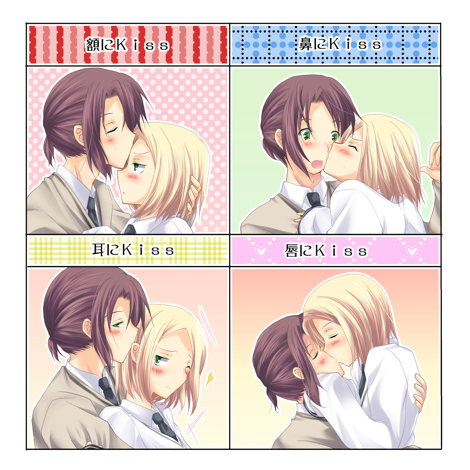 shiro kiyama, lithuania (hetalia), poland (hetalia), axis powers hetalia, highres, translated, 00s, 2boys, androgynous, blonde hair, blush, brown hair, green eyes, kiss chart, male focus, multiple boys, multiple drawing challenge, necktie, ponytail, yaoi