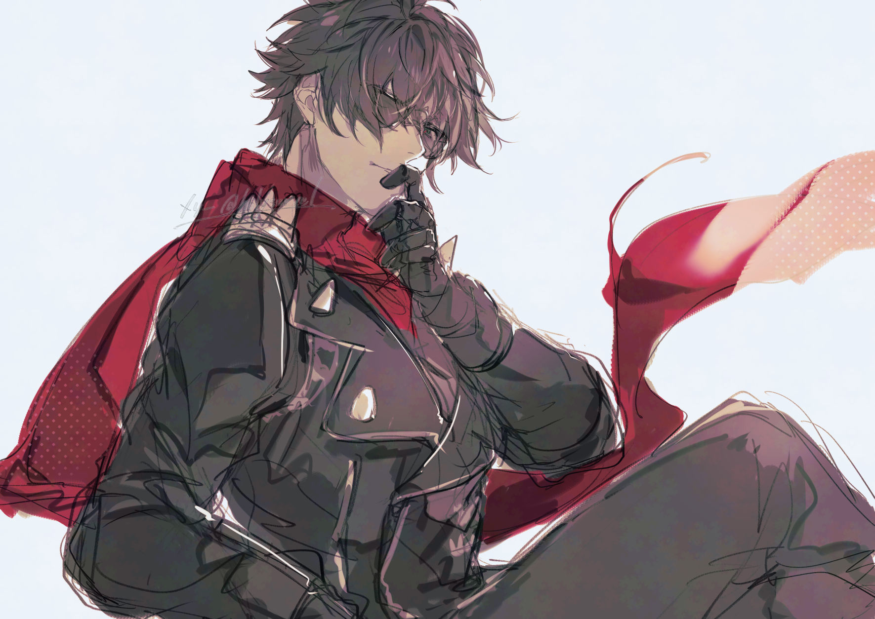 merry (secilhodoshima), lighter (zenless zone zero), zenless zone zero, hashtag-only commentary, highres, 1boy, alternate hair color, black gloves, black hair, black jacket, black pants, blue background, closed mouth, covering own mouth, crossed legs, from side, gloves, green eyes, hair between eyes, hand on own face, jacket, leather, leather jacket, looking at viewer, male focus, pants, red pupils, red scarf, scarf, short hair, shoulder spikes, solo, spiked jacket, spikes, studded gloves, sunglasses, torn clothes, torn scarf