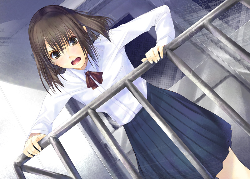 kirishima satoshi, original, 1girl, angry, black hair, blush, brown eyes, dutch angle, female focus, railing, school uniform, short hair, skirt, solo