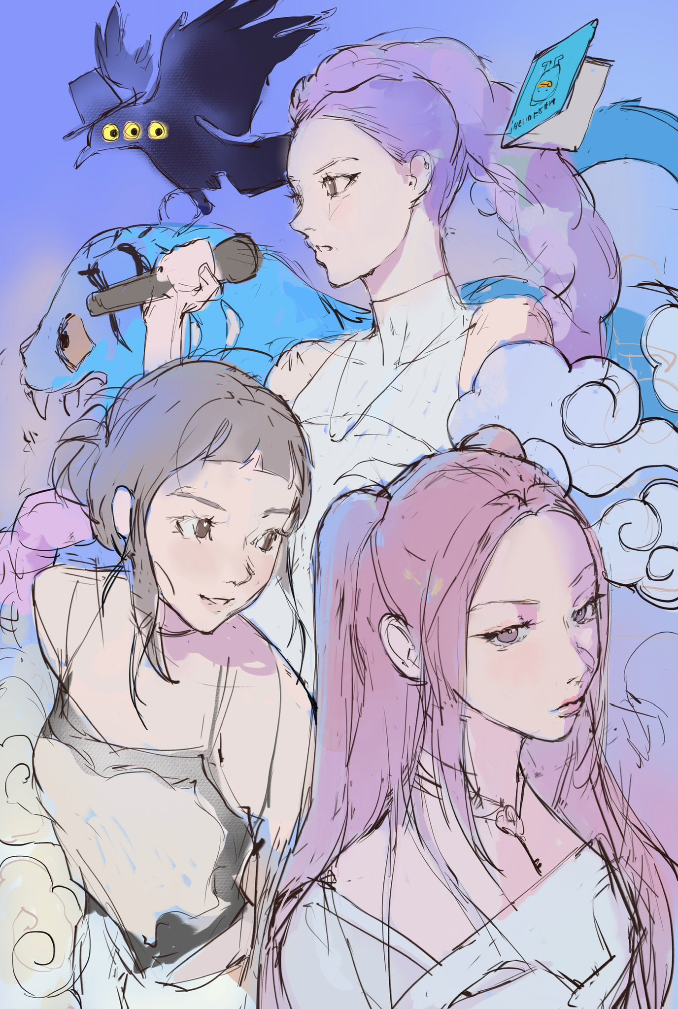 sumi (suumiko ), mira (kpop demon hunters), rumi (kpop demon hunters), zoey (kpop demon hunters), kpop demon hunters, commentary, highres, unfinished, 3girls, bird, black hair, blunt bangs, braid, braided ponytail, brown eyes, crow, double bun, dutch braided ponytail, gatkkeun, hair bun, holding, holding microphone, huntrix, jewelry, key, key necklace, long hair, microphone, multiple girls, necklace, pink hair, pink lips, purple background, purple hair, shirt, short bangs, sidelocks, simple background, smile, third eye, tiger, twintails, upper body