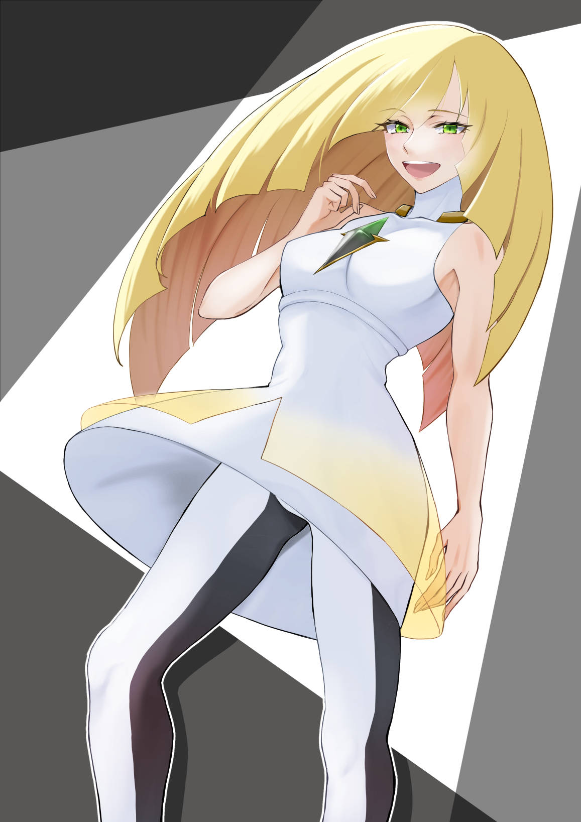 kikyouta, lusamine (pokemon), nintendo, pokemon, pokemon sm, commentary request, highres, 1girl, :d, arm at side, blonde hair, breasts, dress, eyelashes, gem, green eyes, green gemstone, hand up, happy, leggings, long hair, open mouth, sleeveless, sleeveless dress, smile, solo, teeth, tongue, upper teeth only, white dress, white leggings