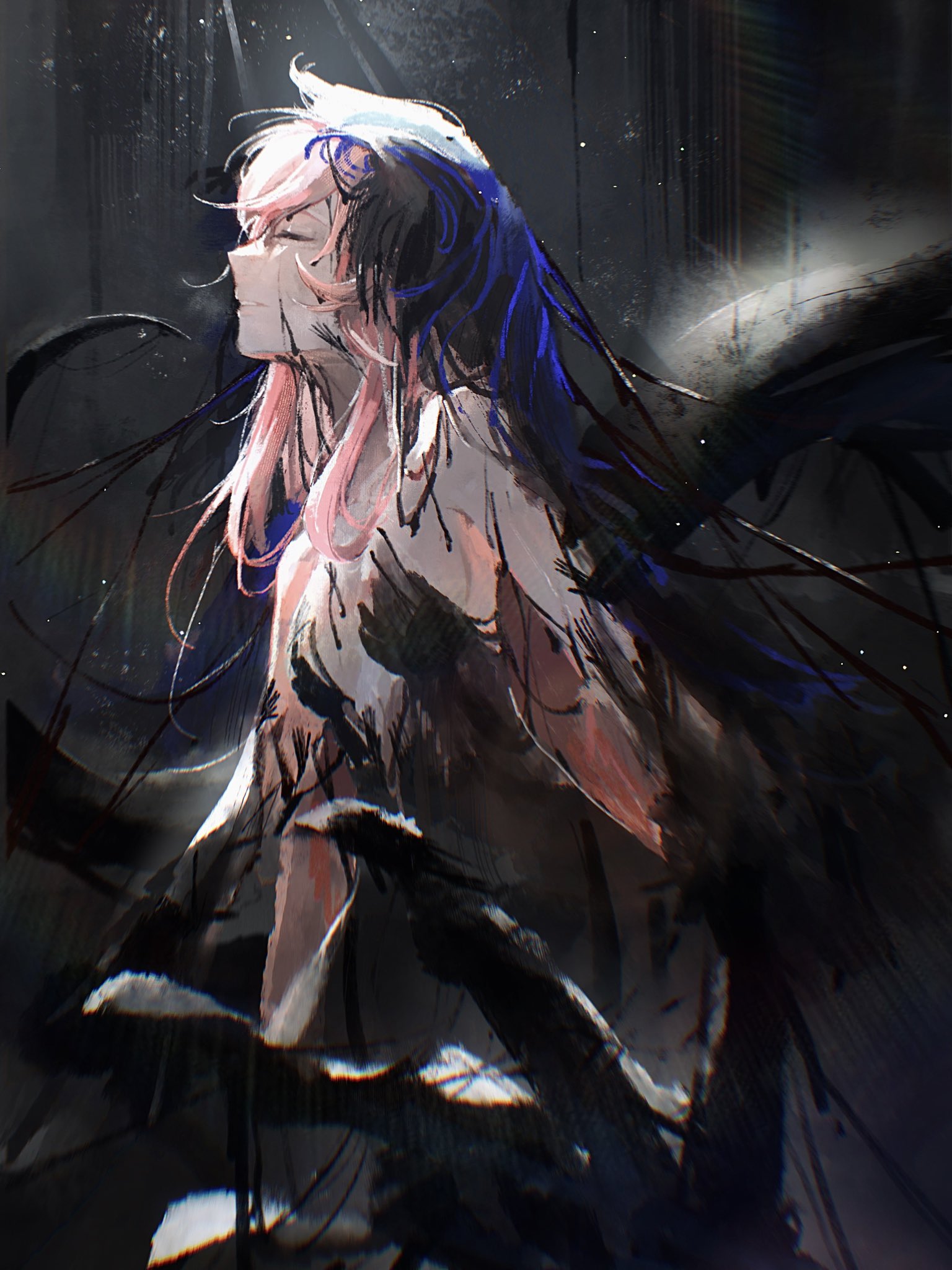 mayreellove, nautika (reverse:1999), reverse:1999, highres, 1girl, bare shoulders, black dress, black veil, blue veil, breasts, centauroid, chimera, closed eyes, dark background, dress, from side, grin, long hair, medium breasts, monster girl, pink hair, plunging neckline, smile, solo, strapless, strapless dress, tail, talons, taur, two-tone veil, upper body, veil