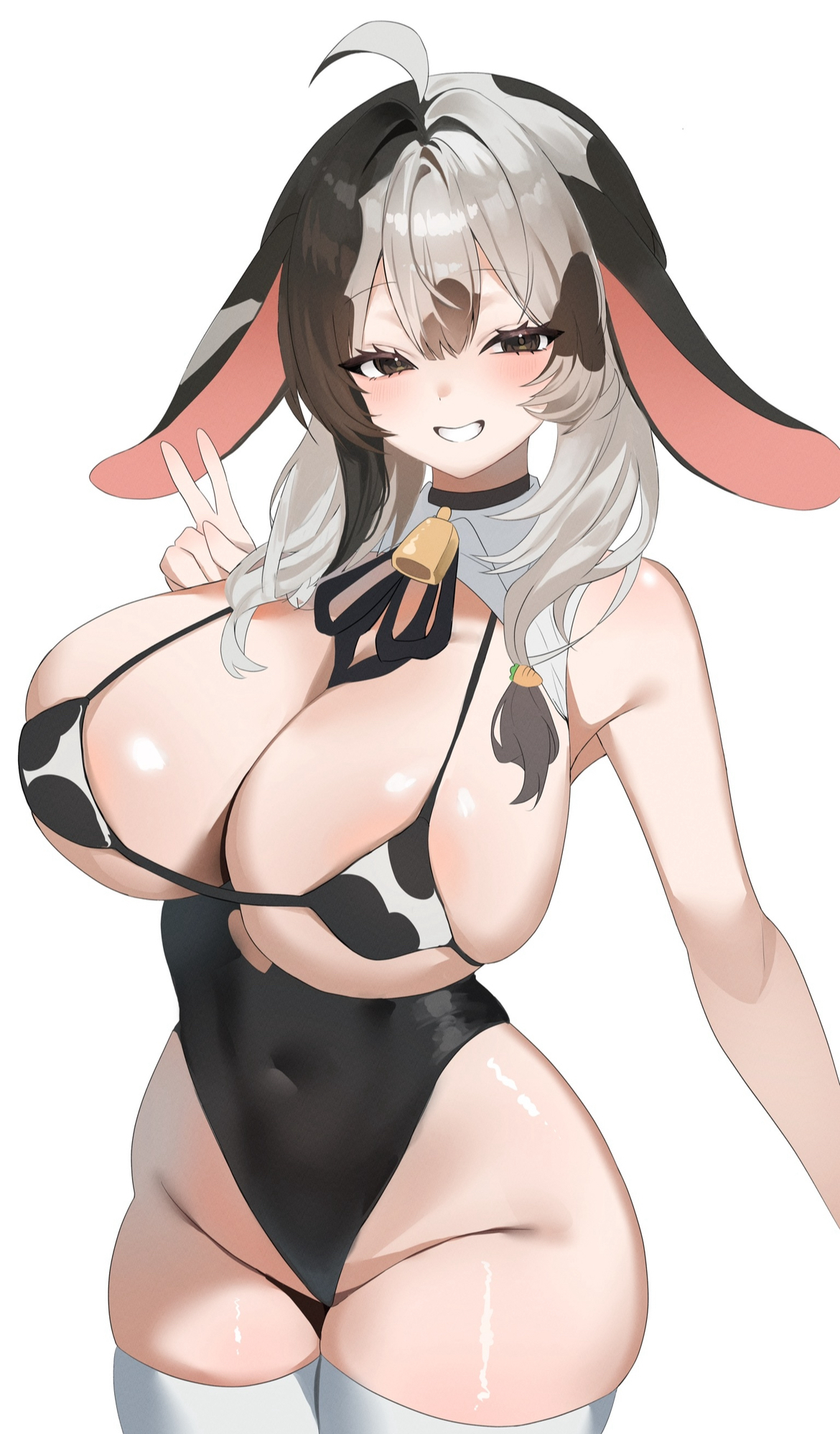 kekehaimahima, indie virtual youtuber, character request, commentary, highres, symbol-only commentary, 1girl, ahoge, animal ears, animal print, bare shoulders, bell, bikini, bikini top only, black bikini, black eyes, black hair, black leotard, blush, breasts, cleavage, covered navel, cow ears, cow girl, cow print, cow print thighhighs, cowbell, groin, hand up, highleg, highleg leotard, huge breasts, leotard, long hair, looking at viewer, micro bikini, multicolored hair, neck ribbon, parted lips, print thighhighs, ribbon, shirt, simple background, smile, solo, string bikini, swimsuit, thighhighs, thighs, v, white background, white shirt, white thighhighs