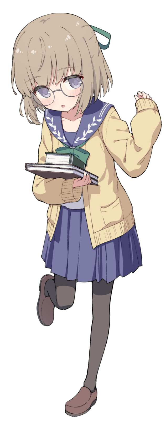 hiyaya (kochi michikaze), original, commentary request, highres, 1girl, black pantyhose, blue sailor collar, blue skirt, blush, book, bow, bowtie, brown hair, brown shoes, full body, glasses, green bow, green bowtie, grey eyes, hair ribbon, hand up, holding, holding book, loafers, looking at viewer, open mouth, pantyhose, pleated skirt, ribbon, round eyewear, sailor collar, school uniform, serafuku, shoes, short hair, simple background, skirt, solo, standing, standing on one leg, tachi-e, transparent background