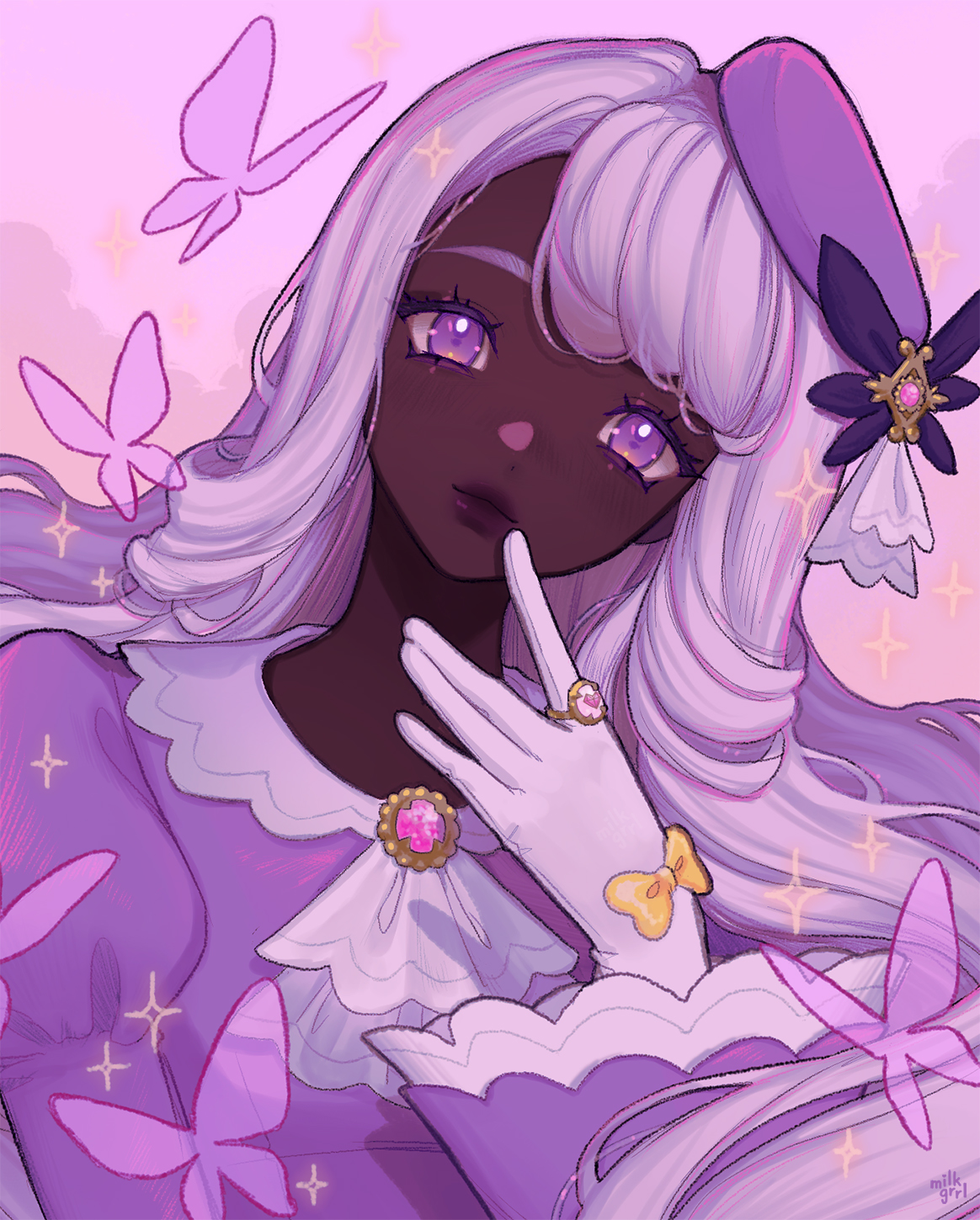 shari cote, jacinthe (pokemon), nintendo, pokemon, pokemon legends: z-a, highres, 1girl, ascot, bow, bug, butterfly, closed mouth, dark-skinned female, dark skin, dress, fascinator, frilled ascot, frills, gloves, insect, jewelry, juliet sleeves, long hair, long sleeves, looking at viewer, low drills, puffy sleeves, purple dress, purple eyes, purple hair, ring, solo, upper body, very dark skin, white gloves, white hair, yellow bow