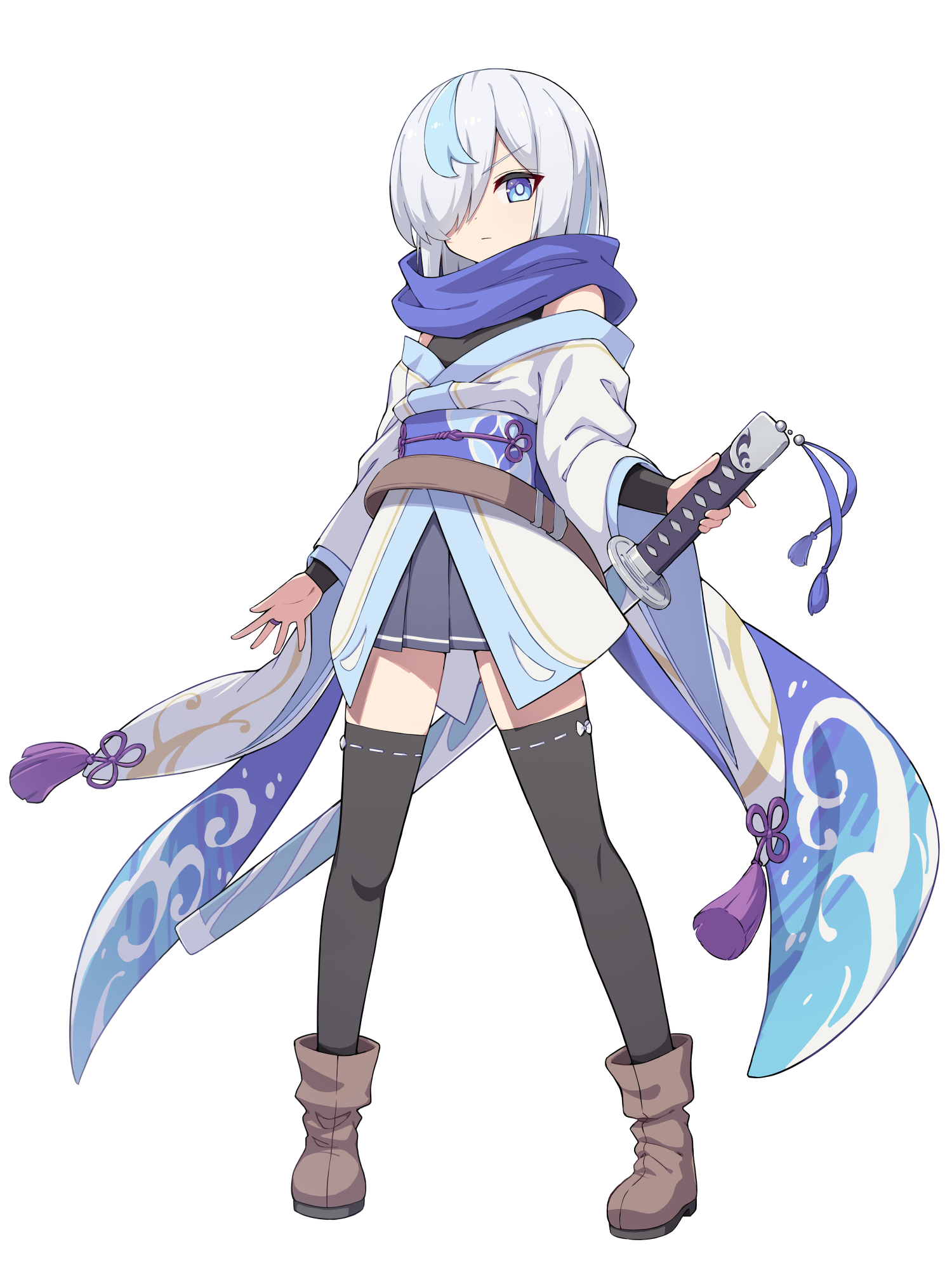 hiyaya (kochi michikaze), original, commentary request, highres, 1girl, black skirt, blue eyes, blue hair, blue sash, blue scarf, boots, bright pupils, brown boots, closed mouth, full body, grey hair, hair over one eye, holding, holding sword, holding weapon, japanese clothes, kimono, long sleeves, looking at viewer, multicolored hair, obi, obijime, pleated skirt, ribbon-trimmed thighhighs, ribbon trim, sash, scarf, short hair, simple background, skirt, solo, standing, streaked hair, sword, tachi-e, thighhighs, transparent background, v-shaped eyebrows, weapon, white kimono, white pupils, wide sleeves