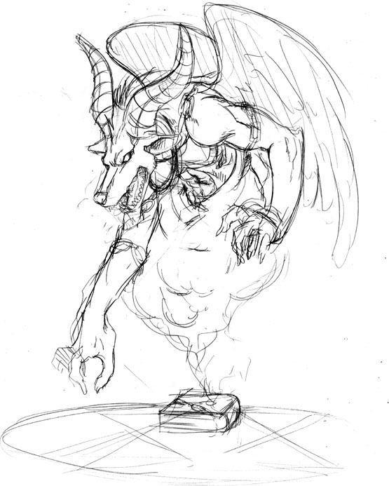 kumacchi, demon, greyscale, horns, magic circle, monochrome, sketch, smoke, wings