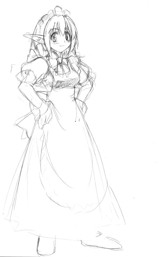 kumacchi, greyscale, hairband, maid, monochrome, pointy ears, ribbon, sketch, solo