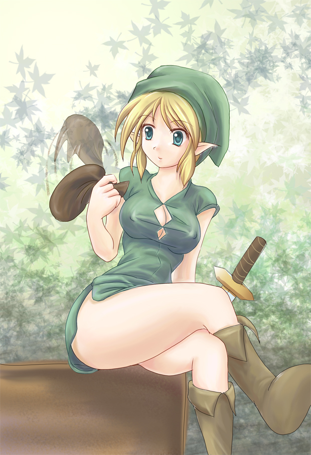 minazuki (jo), link, nintendo, the legend of zelda, 1girl, bag, blonde hair, blue eyes, boots, breasts, cleavage, cleavage cutout, clothing cutout, covered erect nipples, crossed legs, dress, elf, female focus, genderswap, genderswap (mtf), green eyes, legs, medium breasts, miniskirt, pointy ears, pouch, short dress, sidelocks, sitting, skirt, smile, solo, sword, thighs, weapon