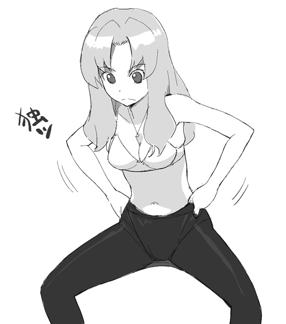 a1 (initial-g), 1girl, bra, clothes pull, dressing, female focus, greyscale, jewelry, lingerie, long hair, monochrome, navel, necklace, panties, panties under pantyhose, pantyhose, pantyhose pull, pull, pulling, solo, underwear, underwear only