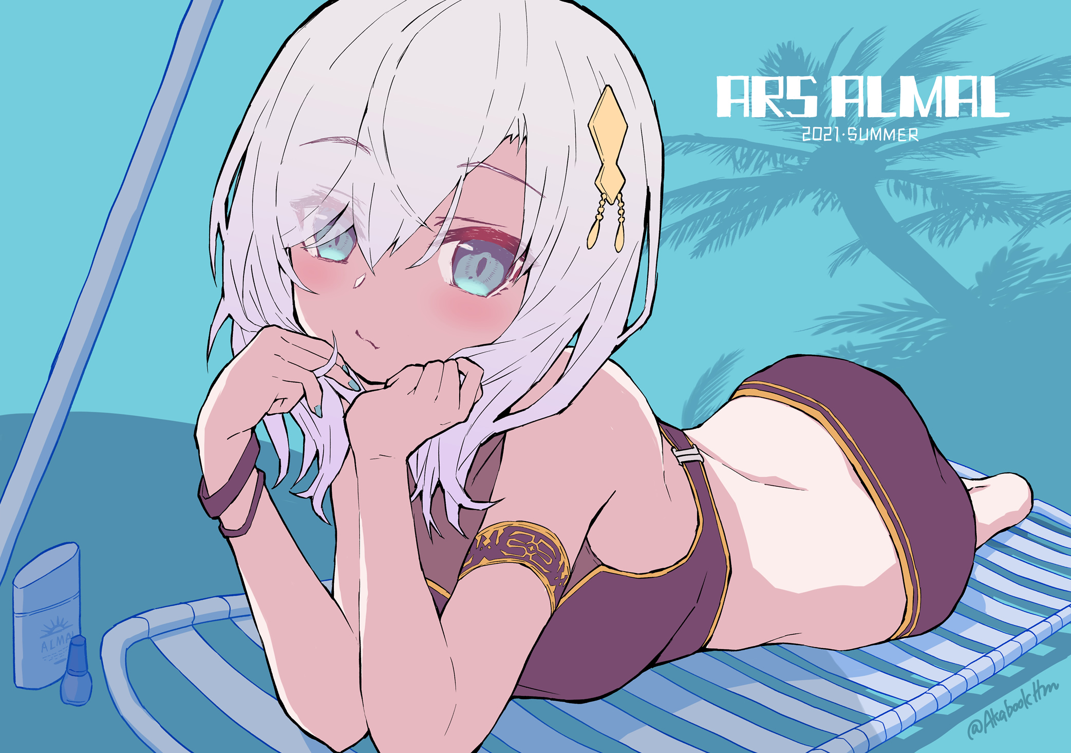 tatami kami, ars almal, nijisanji, highres, 1girl, :|, ass, bare shoulders, barefoot, beach, beach chair, beach umbrella, bikini, black bikini, blue eyes, blush, breasts, chair, character name, closed mouth, hair between eyes, hair ornament, head rest, large breasts, looking at viewer, lotion, lounge chair, lying, on stomach, outdoors, palm tree, reclining, simple background, solo, sunscreen, swimsuit, tree, turtleneck, turtleneck bikini top, umbrella, virtual youtuber, white hair