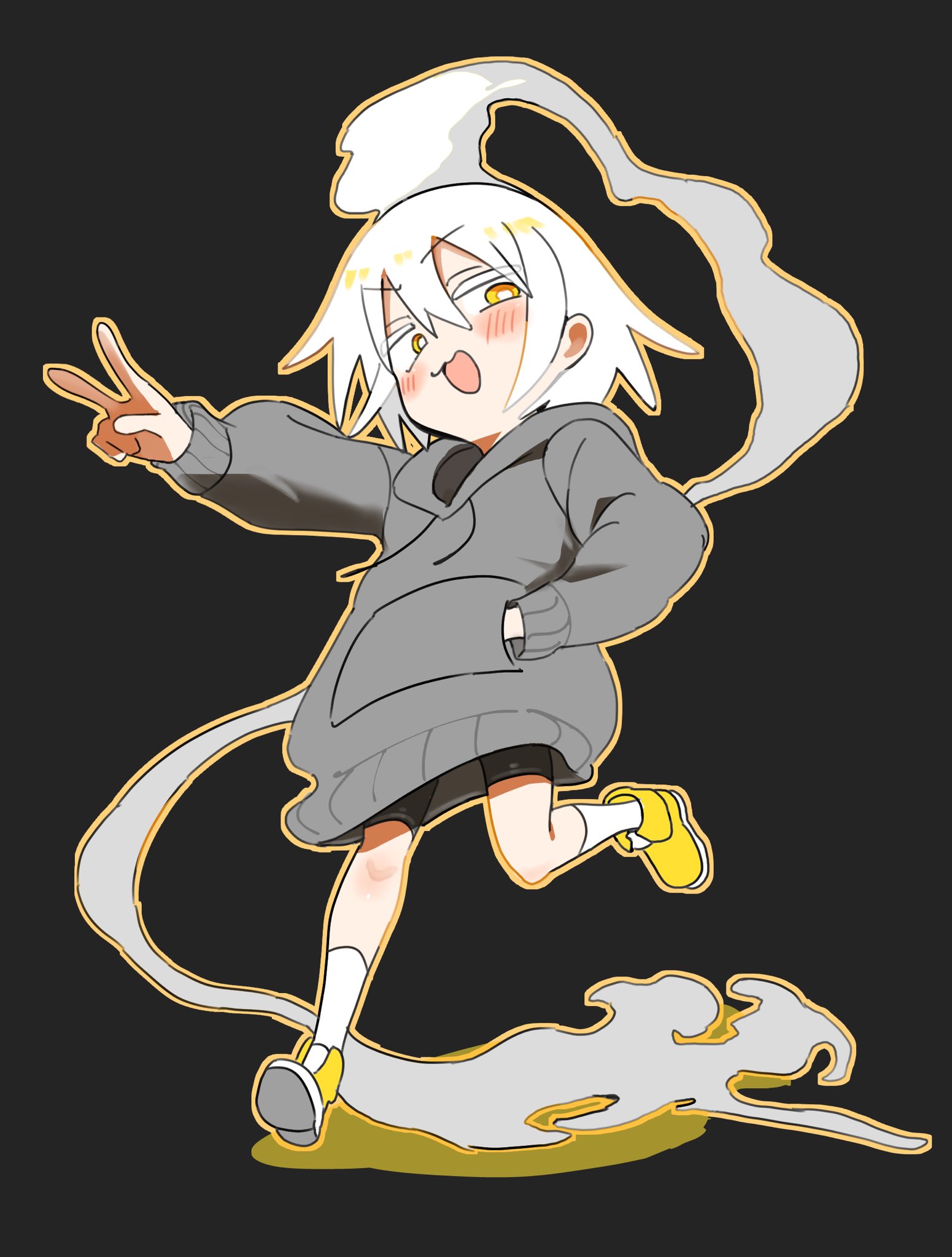 konro kon, original, 1girl, grey hoodie, hand in pocket, hoodie, smug, solo, v, white hair