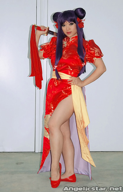 yaya han, shampoo (ranma 1/2), ranma 1/2, red footwear, photo (medium), angelicstar, asian, belt, china dress, chinese clothes, cosplay, dress, flats, flower, long dress, purple hair, red dress, shoes, sword, weapon